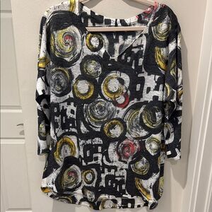 Tribut by Humanity Graphic Black and White 3/4 Sleeve Blouse Art Deco size XL